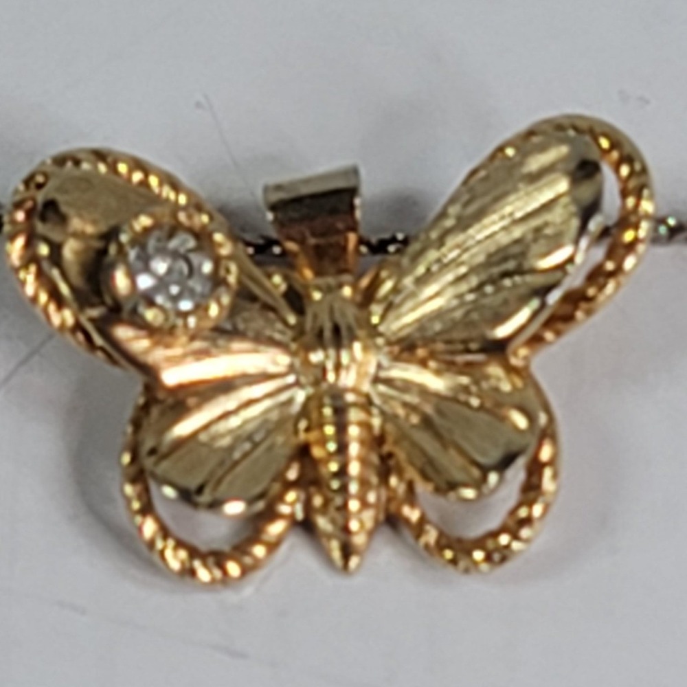 Gold Tone Butterfly Pendant Necklace Rhinestone Accent Silver Tone Box Chain 18"